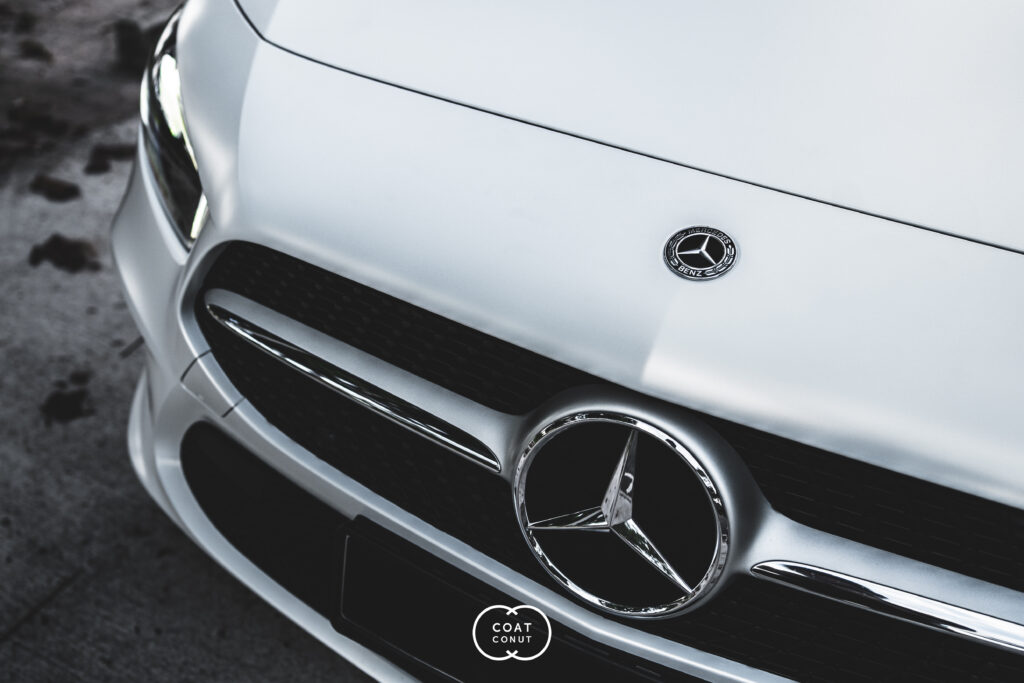 White Mercedes front photographed in the Coatconut studio