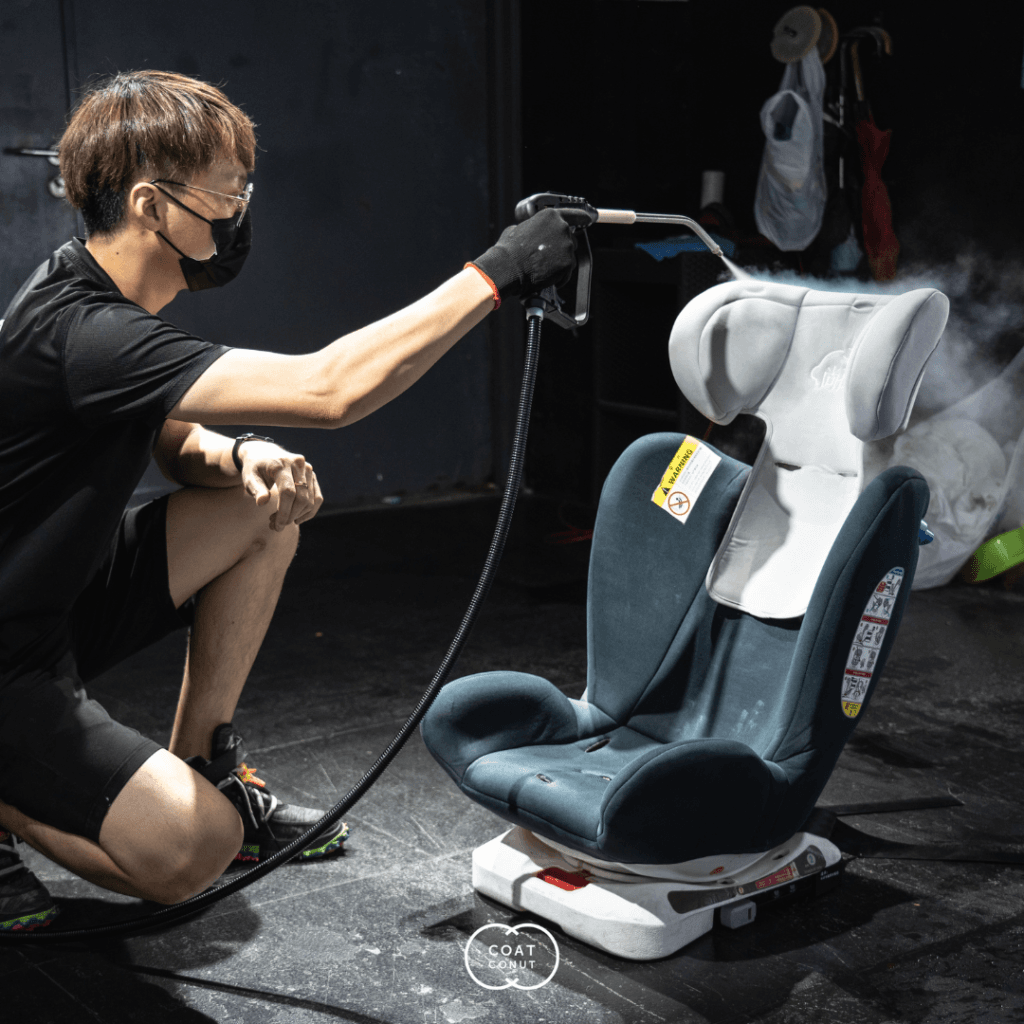 Child car seat after a steam extraction deep clean